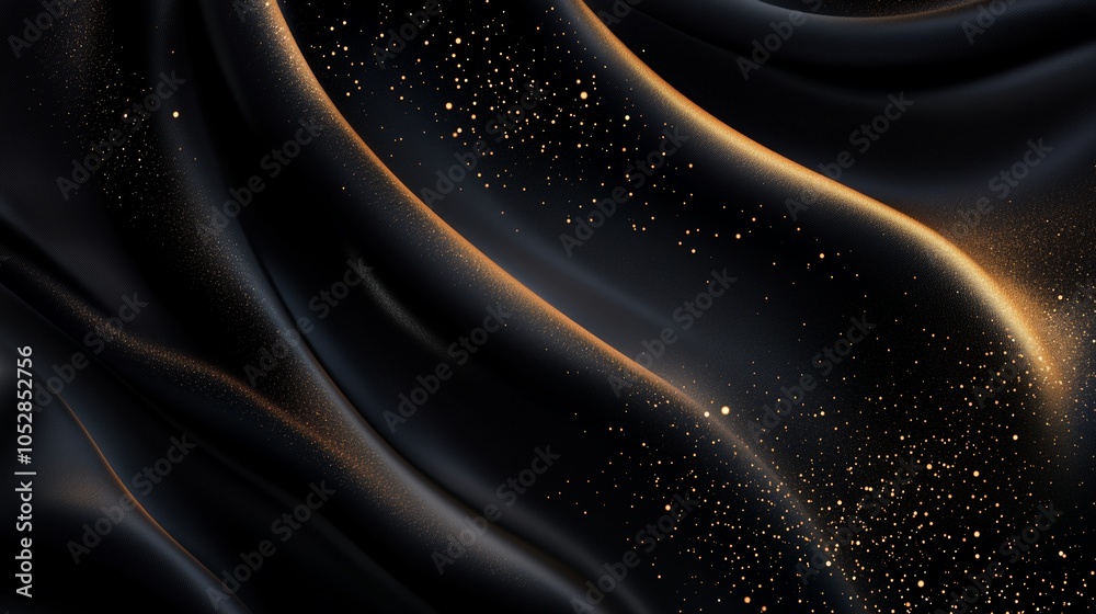 Canvas Prints Elegant black fabric with shimmering gold particles flowing in a graceful wave pattern against a dark background