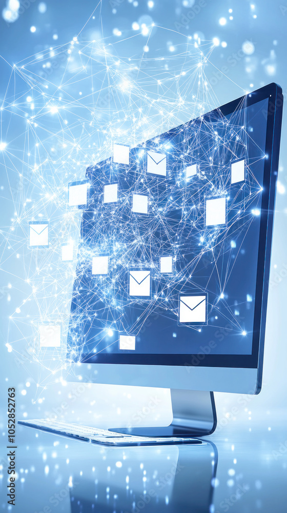 Poster a computer monitor displays a network of emails and messages. concept of a busy and connected world,