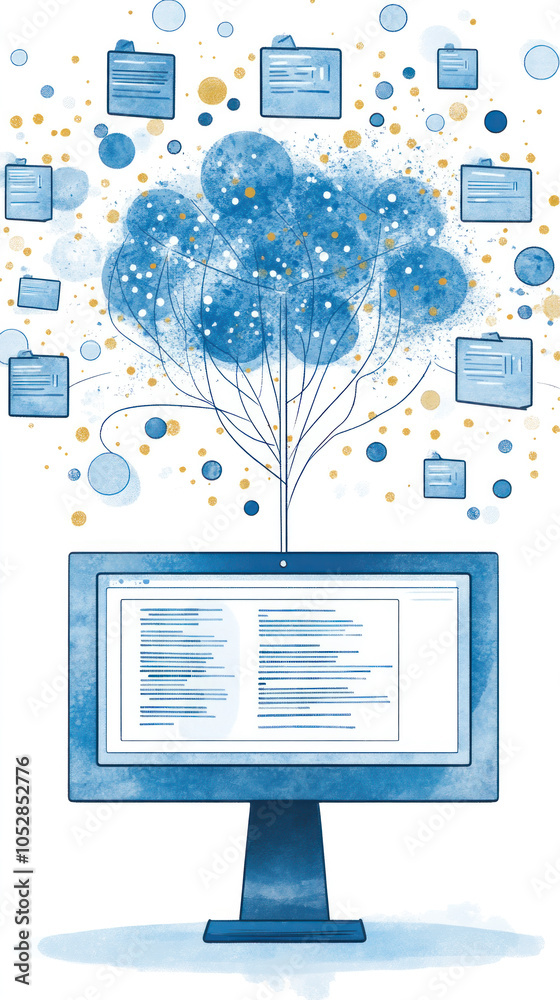 Poster a computer monitor with a blue screen and a tree with many notes on it. the tree is surrounded by ma