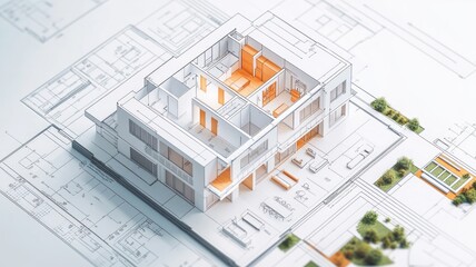 Architectural model of a modern building with floor plan layout.