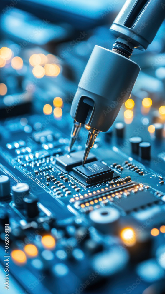Poster a close up of a circuit board with a robot tool probing the board. concept of precision and technica