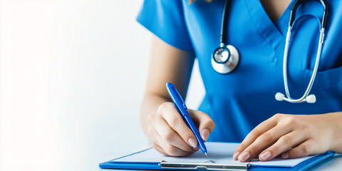 Healthcare Documentation Concept: A nurse in blue scrubs writes on a clipboard, emphasizing the importance of accurate record-keeping and patient care documentation in healthcare settings.