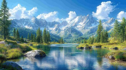 Obraz premium Serene Mountain Lake with Snow-capped Peaks and Lush Greenery