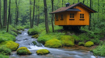Obraz premium Wooden Cabin on a Rock Over a Mossy Creek in a Lush Forest