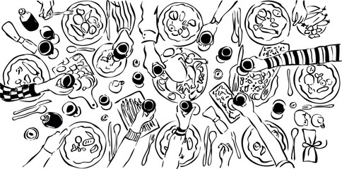 Ilustración vectorial de paisaje de mesa con copas y comida. Reunión de amigos y familiares al rededor de una mesa. Dibujo a mano de mesa de cena para diseño de invitaciones, tarjetas y redes sociales