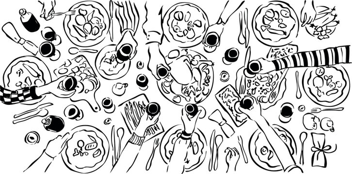 Ilustraci&oacute;n vectorial de paisaje de mesa con copas y comida. Reuni&oacute;n de amigos y familiares al rededor de una mesa. Dibujo a mano de mesa de cena para dise&ntilde;o de invitaciones, tarjetas y redes sociales