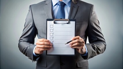 Stock photo of a businessperson holding a checklist for an action plan, Time management, organization
