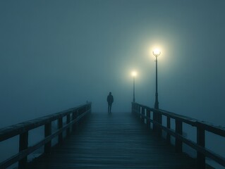 Fototapeta premium A quiet, foggy pier at night, with a lone person standing at the end, staring into the distance, consumed by thoughts of sadness.