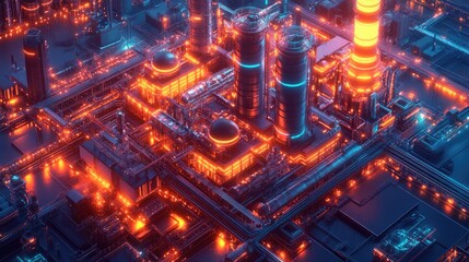 Obraz premium An isometric view of a futuristic industrial complex with glowing pipes and structures.