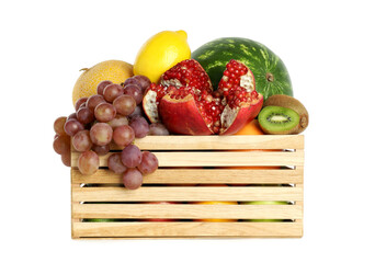 Many different fresh fruits in wooden crate isolated on white