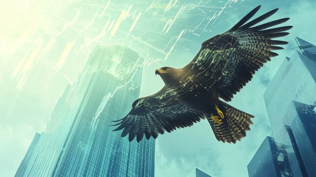 Hawk flying above skyscrapers with financial charts overlaid in the sky - Powered by Adobe