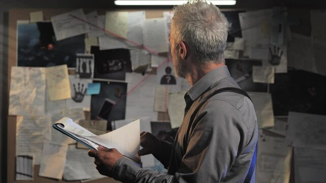 Mature caucasian police detective standing in office browsing files of criminal case,crime investigation,policeman examining papers searching clues