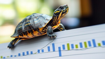 A turtle inching up a stock chart, representing slow but steady growth