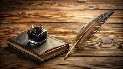 An old book with a feather pen and inkpot full of ink on a wooden desk, nostalgia, vintage, writing, education