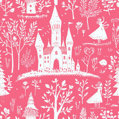 Fototapeta premium White line drawing of a princess and her castle in the woods, pink background, seamless pattern, simple design,