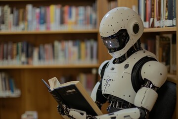 A humanoid robot reading a book in a library, showcasing advanced AI capabilities and learning in a quiet environment