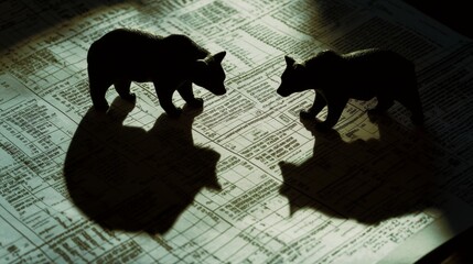 Bear and bull shadows cast on stock market data sheets