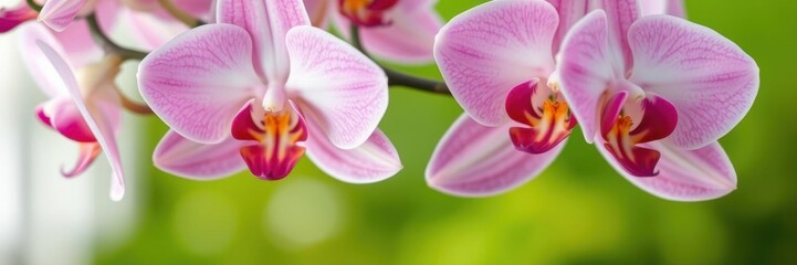 Close up of beautiful pink and white orchid flowers in full bloom on a blurred green background, exotic, bloom