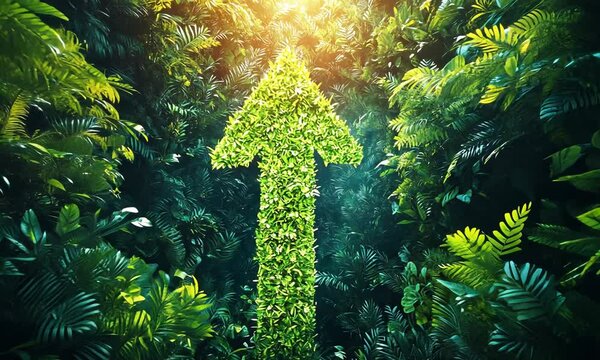 A lush forest scene with a green arrow symbolizing growth and direction.
