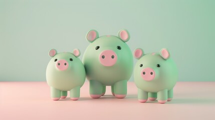 Cute piggy bank family on a pastel background