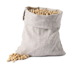 Soy beans in burlap sack isolated on white