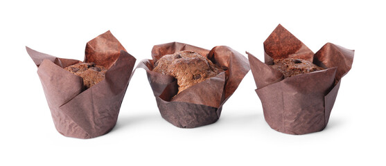Delicious sweet muffins with chocolate chips isolated on white
