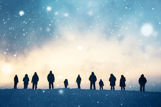 Silhouetted figures standing in a snowy landscape, softened by gentle snowfall and vast winter sky