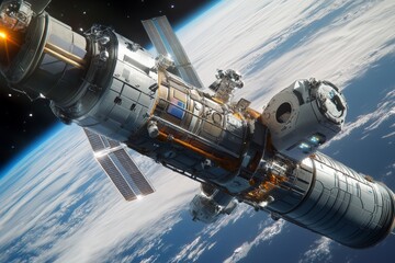 A rocket docking with a space station in low Earth orbit, with astronauts inside preparing for a deep-space mission.