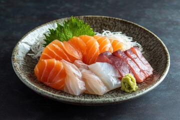 Studio lighting focusing on a plate of Sashimi with Uncommon Fish, with rare cuts of fish arranged beautifully on a minimalist plate