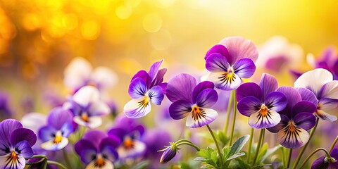 Obraz premium Violet Flowers in Soil on Yellow and White Background - Tilt-Shift Garden Still Life Nature Concept