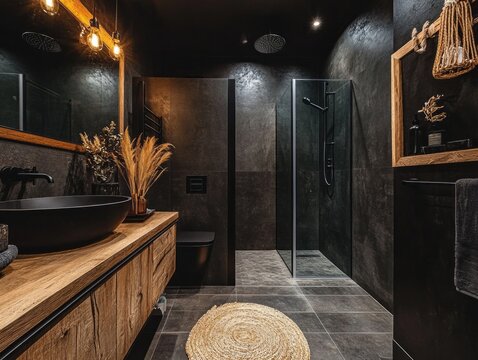 Dark-themed bathroom with a black accent wall, glass shower, and natural wood elements