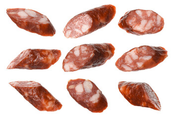 Dry smoked sausage pieces isolated on white, collage