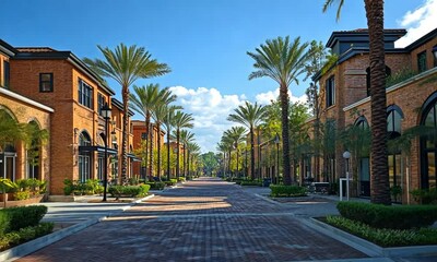 A picturesque street lined with palm trees and brick buildings under a clear blue sky.