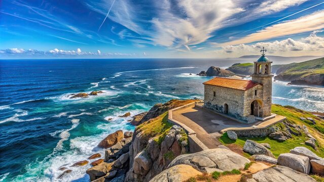 Panoramic view of the Atlantic Ocean and Ermita da Nosa Senora da Lanzada in Sanxenxo, Galicia