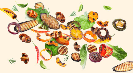 Tasty grilled vegetables in air on beige background