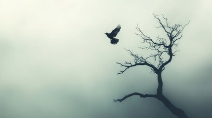 A single bird flying away from a barren tree, symbolizing departure and the sadness of letting go.