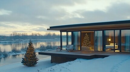 Fototapeta premium Rustic American lake cabin with a small decorated Christmas tree outside