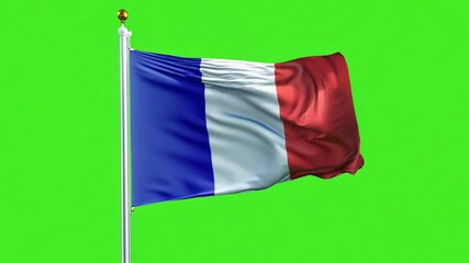 French Flag Waving Proudly: Capture the essence of French pride and patriotism with this captivating image of the French flag waving majestically against a vibrant green screen.