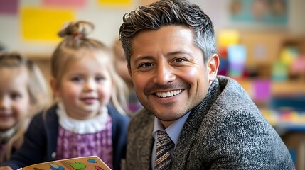 A male teacher with a big smile, surrounded by happy preschoolers.