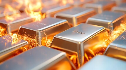 Conceptual closeup of gold bars with fiery inflation backgrounds, emphasizing gold as a protective hedge against inflation