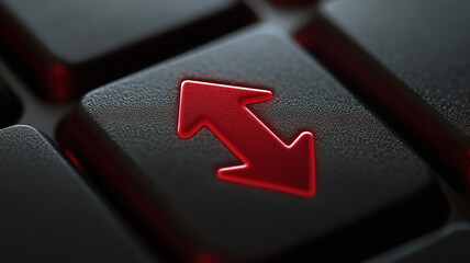 Close up macro red double arrow key on a black computer keyboard
