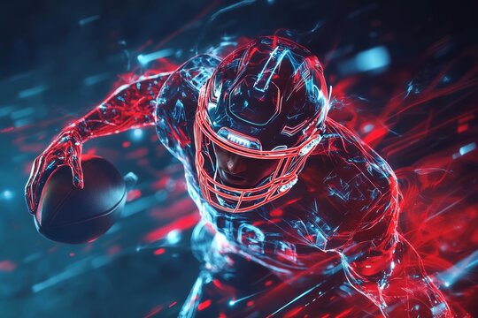 Futuristic football player showcasing intensity and athleticism in a dynamic sports setting with advanced helmet technology