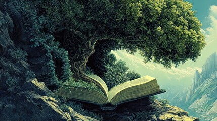 An open book lies on a rocky cliff with a large tree growing from its pages. The tree's branches reach up into a blue sky with fluffy clouds.