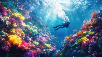 Obraz premium A scuba diver explores a vibrant coral reef, illuminated by sunlight streaming through the clear water.