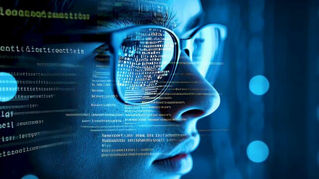 Focused engineer in digital glasses analyzing coding and programming, showcasing technology and concentration in data driven software innovation.