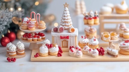 Fototapeta premium Small American bakery with a Christmas tree by the entrance holiday pastries