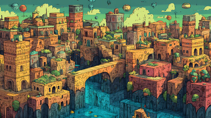 Obraz premium Cartoon cute doodles of intricate canal systems and floating gardens in an ancient mesopotamian city like nineveh or nimrud, highlighting, generative ai. Ancient Babylonian City. Illustration
