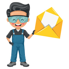 Maintenance technician with open letter envelope for email. Concept of communication, notification and contact. Handyman focused on maintenance tasks, repairs in industrial and domestic environments