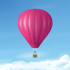 Fototapeta premium Vector Travel Banner with 3d Realistic Hot Air Balloon Icon on a Blue Sky Background. Design Template, Summer Vacation, Travelling, Tourism and Journey Concept