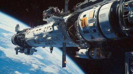 A spaceship docking with a massive space station orbiting a distant planet, with passengers preparing for their next mission.